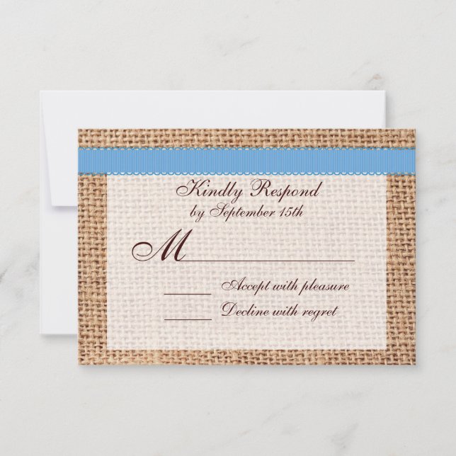 Rustic Country Printed Burlap Blue Ribbon RSVP Card (Front)