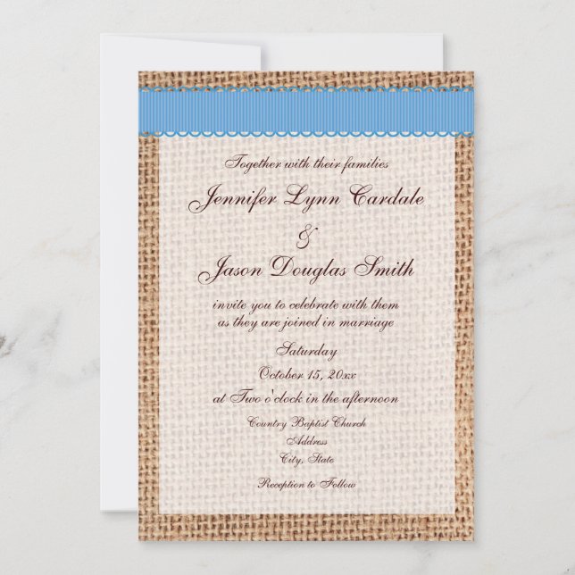 Rustic Country Printed Burlap Blue Ribbon Wedding Invitation (Front)