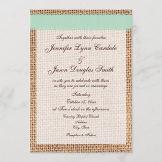 Rustic Country Printed Burlap Sage Ribbon Wedding Invitation