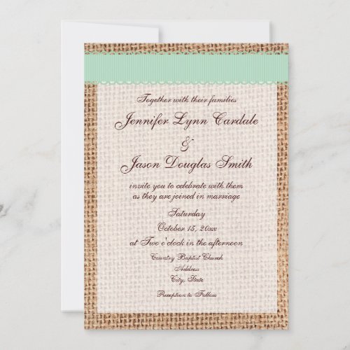 Rustic Country Printed Burlap Sage Ribbon Wedding Personalized Invites
