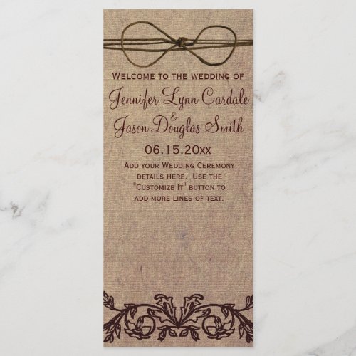 Rustic Country Printed Twine Bow Wedding Program