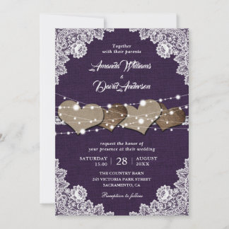 Rustic Country Purple Burlap Lace Wedding Invitation