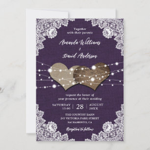Rustic Country Purple Burlap Lace Wedding Invitation