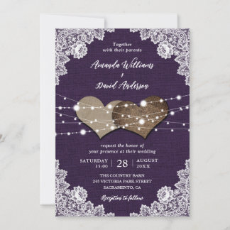 Rustic Country Purple Burlap Lace Wedding Invitation