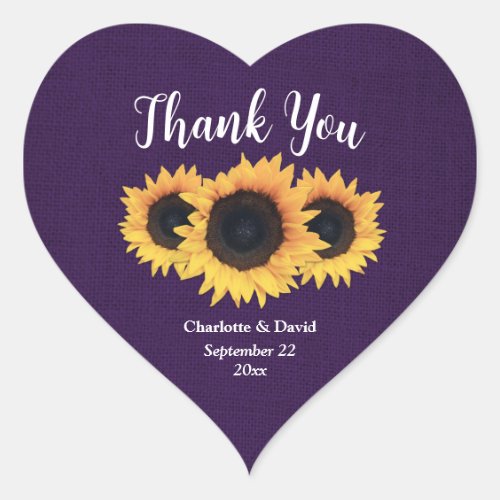 Rustic Country Purple Burlap Sunflower Thank You Heart Sticker