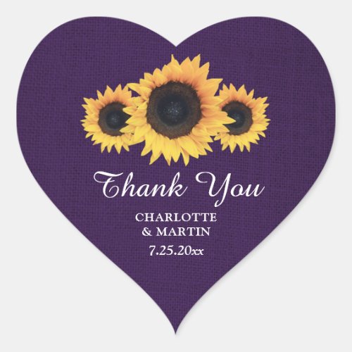 Rustic Country Purple Burlap Sunflower Thank You Heart Sticker