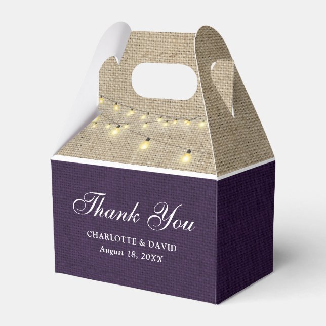 Rustic Country Purple Burlap Wedding Thank You Favor Boxes (Front Side)