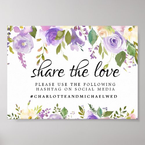 Rustic Country Purple Floral Wedding Hashtag Sign