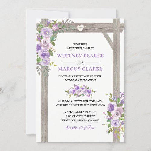 Rustic Country Purple Floral Wedding Pergola Invitation - Beautifully crafted wedding invitations featuring a classy chic white background that can be changed to any color, a stylish purple & lavender watercolor floral display on a rustic wooden wedding arbor, a carved heart with the couples initials, and a modern marriage invitation template.