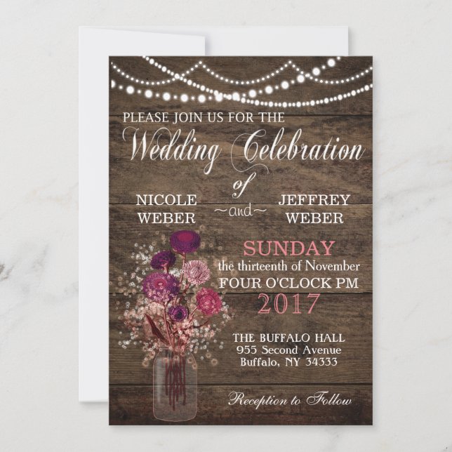 Rustic Country Purple Mason Jar Country Wedding Invitation (Front)