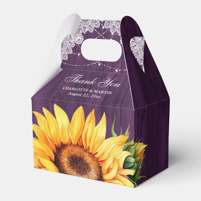 Rustic Country Purple Wood Sunflower Wedding Favor Boxes (Front Side)