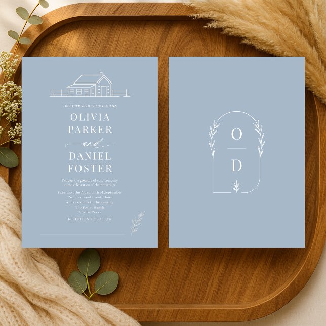 Rustic Country Ranch Line Art Dusty Blue Wedding Invitation (Creator Uploaded)