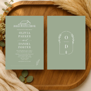 Rustic Country Ranch Line Art Sage Green Wedding Invitation
