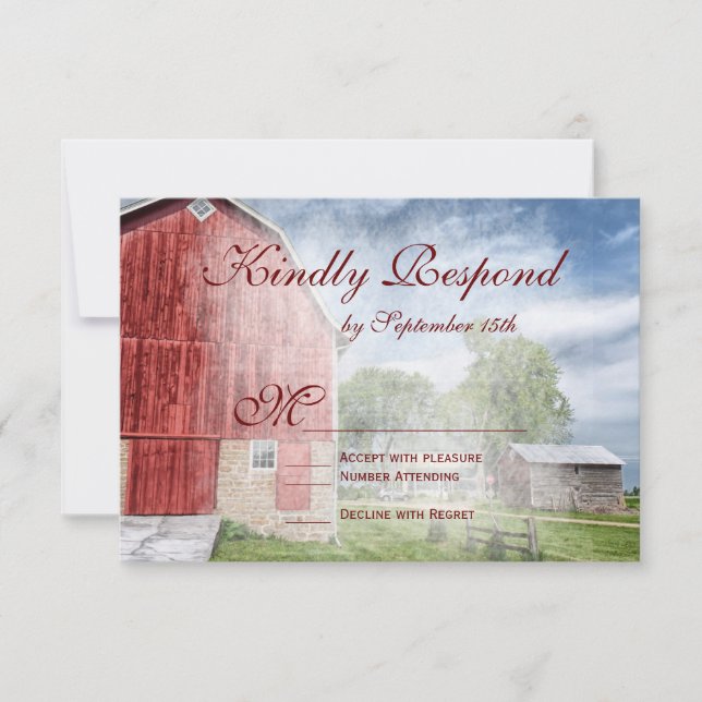 Rustic Country Red Barn Wedding RSVP Cards (Front)