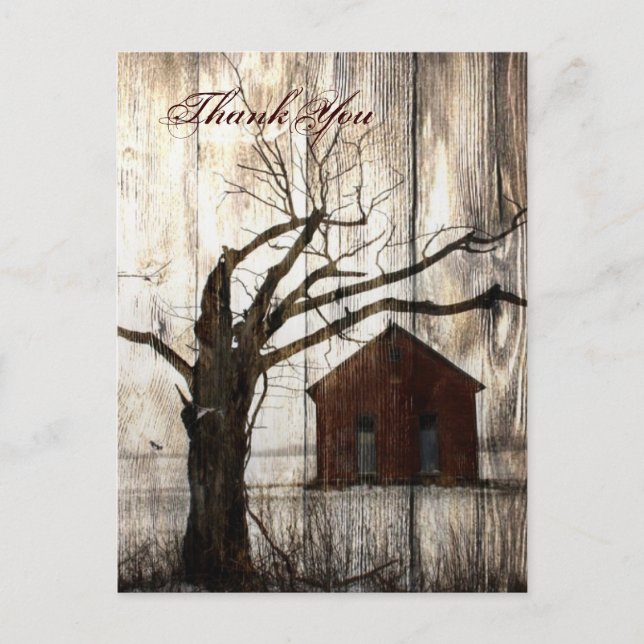 Rustic country Red Barn Winter Wedding thank you Postcard (Front)