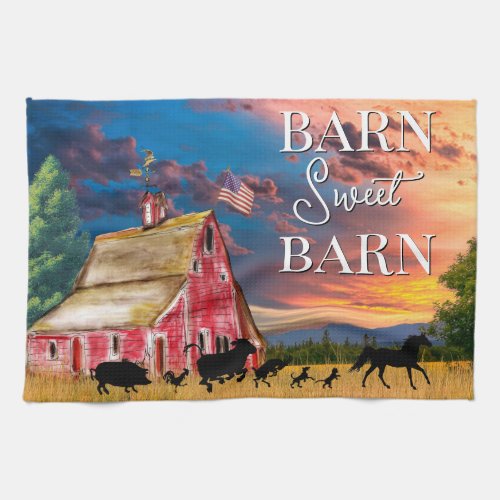 Rustic Country Red Barn with Animals Kitchen Towel