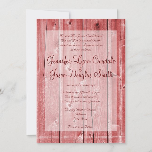 Rustic Country Red Barn Wood Wedding Invitations (Front)