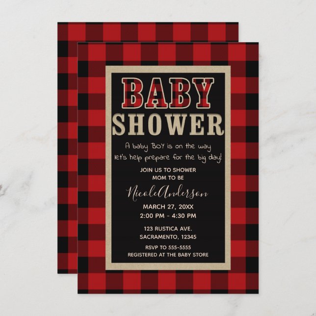 Rustic Country Red Black Buffalo Plaid Baby Shower Invitation (Front/Back)