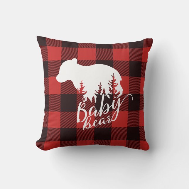 Rustic Country Red & Black Flannel Baby Bear Throw Pillow (Front)