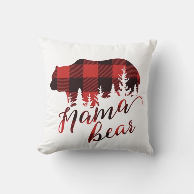 Rustic Country Red & Black Flannel Mama Bear Throw Pillow (Front)