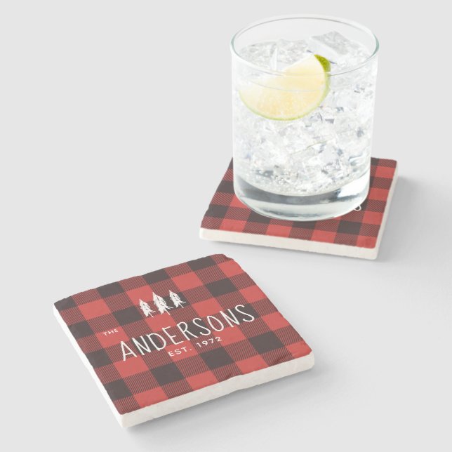Rustic Country Red & Black Flannel Monogram Stone Coaster (Side)