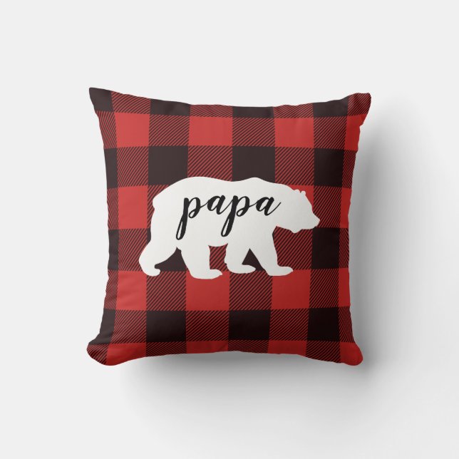 Rustic Country Red & Black Flannel Papa Bear Throw Pillow (Front)