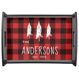 Rustic Country Red & Black Flannel Plaid Monogram Serving Tray