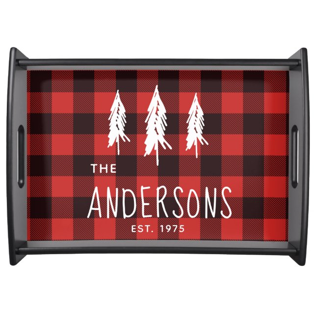 Rustic Country Red & Black Flannel Plaid Monogram Serving Tray (Front)