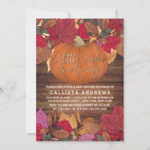 Rustic Country Red Brown Fall Leaves Baby Shower Invitation