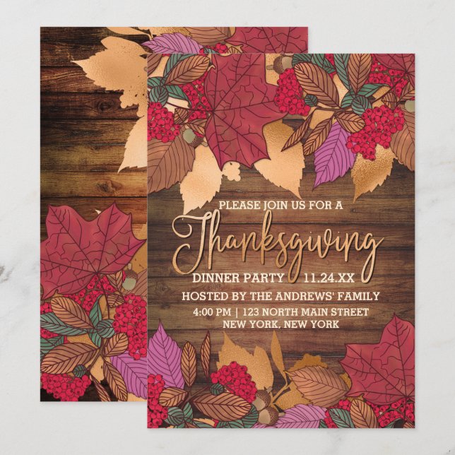 Rustic Country Red Brown Fall Leaves Thanksgiving Invitation (Front/Back)
