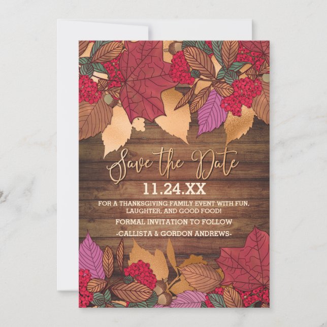 Rustic Country Red Brown Fall Leaves Thanksgiving Save The Date (Front)