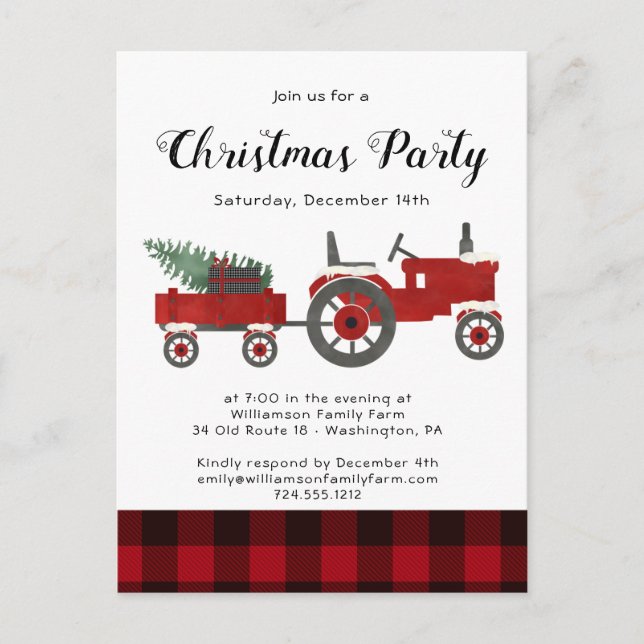 Rustic Country Red Buffalo Plaid Christmas Party   Postcard (Front)