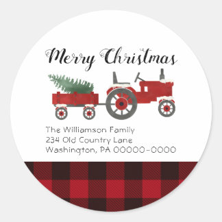 Rustic Country Red Buffalo Plaid Christmas Round Classic Round Sticker
