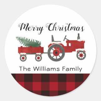 Rustic Country Red Buffalo Plaid Christmas Round Classic Round Sticker