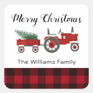 Rustic Country Red Buffalo Plaid Christmas Round Square Sticker