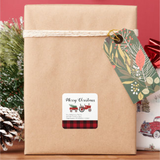 Rustic Country Red Buffalo Plaid Christmas Round Square Sticker