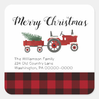 Rustic Country Red Buffalo Plaid Christmas Round Square Sticker