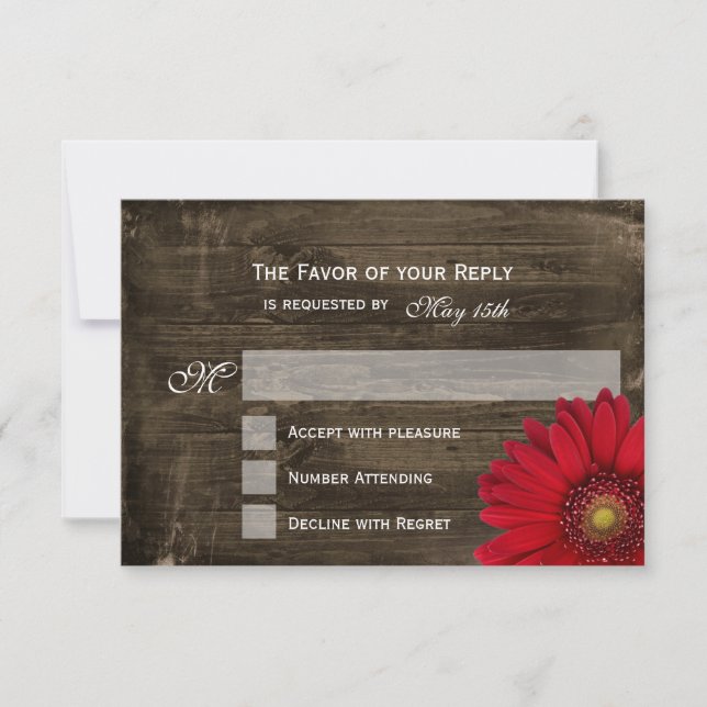 Rustic Country Red Daisy Wood Wedding RSVP Cards (Front)