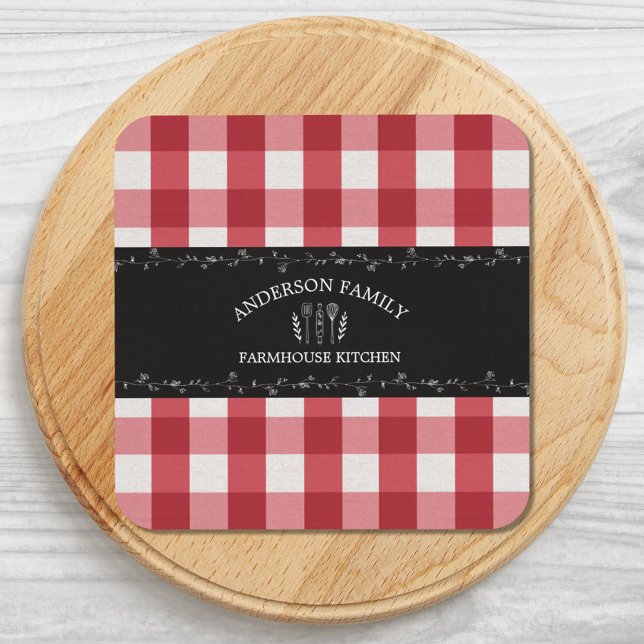 Rustic Country Red Gingham Black Chalkboard Beverage Coaster (Close up)