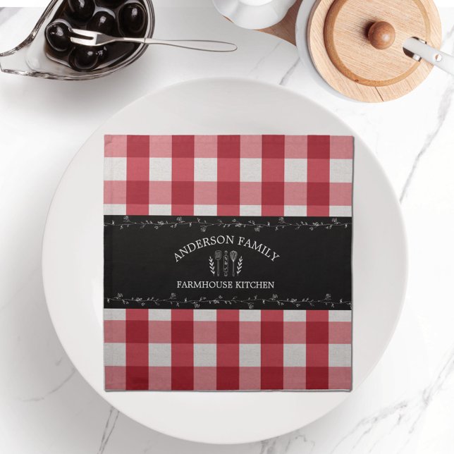 Rustic Country Red Gingham Black Chalkboard Cloth Napkin (In situ)