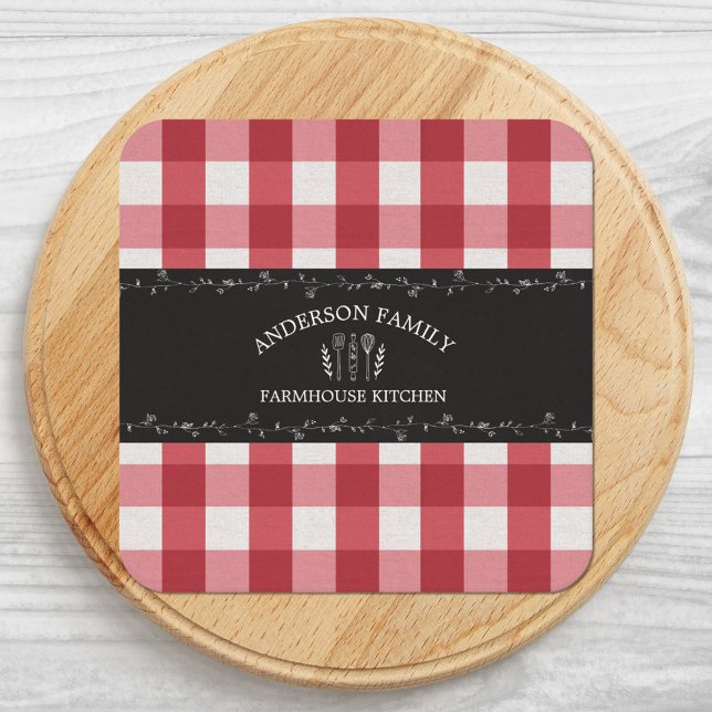 Rustic Country Red Gingham Black Chalkboard Square Paper Coaster (Close up)