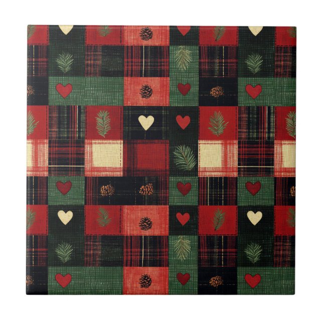 Rustic Country Red Green Plaid Hearts Kitchen Ceramic Tile (Front)