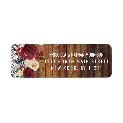 Rustic Country Red Ivory Floral Lace Wood Address Label