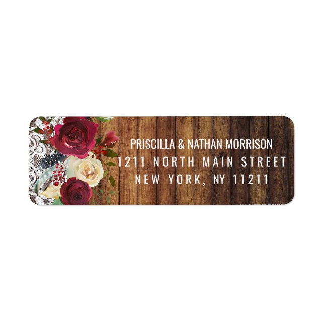 Rustic Country Red Ivory Floral Lace Wood Address Label (Front)