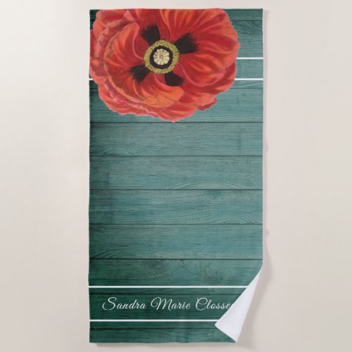 Rustic Country Red Poppy  Brown Wood  Beach Towel