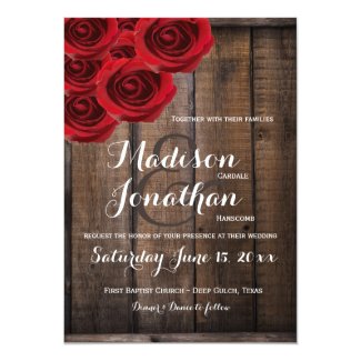 Rustic Country Red Roses Wood Wedding Invitations