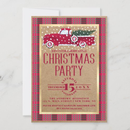 Rustic Country Red Truck Flannel Christmas Party Invitation