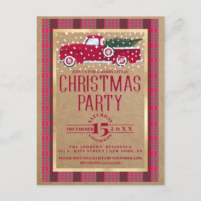 Rustic Country Red Truck Flannel Christmas Party Invitation Postcard (Front)