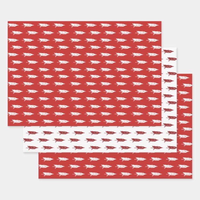 Rustic Country Red & White Christmas Tree Pattern Wrapping Paper Sheets (Set)