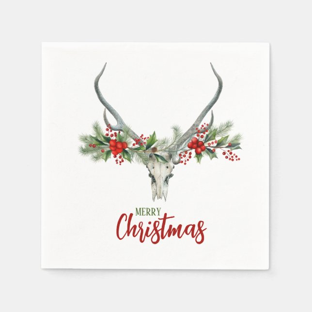 Rustic Country Reindeer Skull & Garland Christmas Napkins (Front)